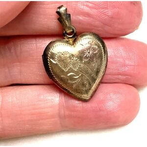 10k Gold Filled on Sterling Vintage Floral Etched Heart Locket Pendant